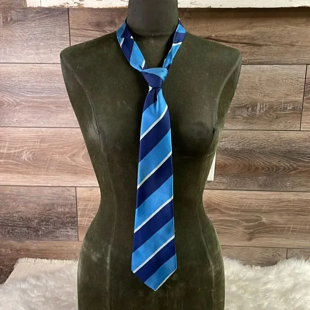 TOYE KENNING SPENCER LTD London Polyester Tie Blue Shades Striped 57” Vintage